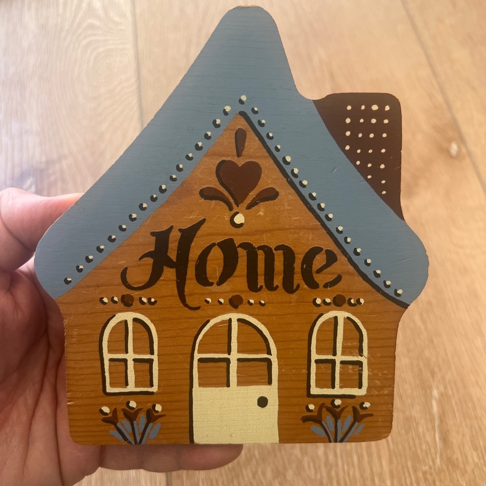 Vintage Folk Art Wooden House Wall Plaque Home Sign Hand Painted Blue Brown 5in